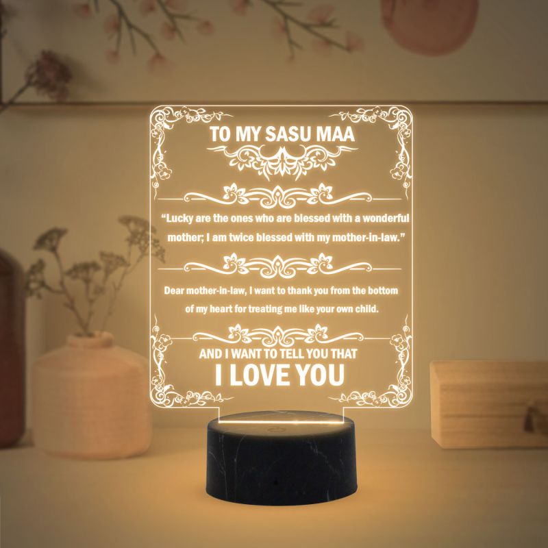 To My Sasu Maa English Quote Led Night Lamp with Warm White Color Gift for Mother in Law on Her Birthday